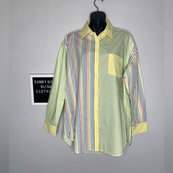 Free People Solid & Striped Rainbow Color Block Dress Shirt Size Medium - Picture 1 of 16
